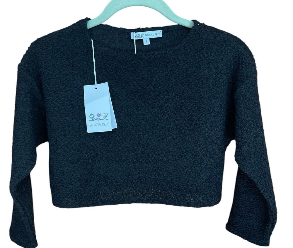 Patrizia Pepe Girls Black Maglia Boucle Long Sleeve Crew Neck Sweater Size S NWT
